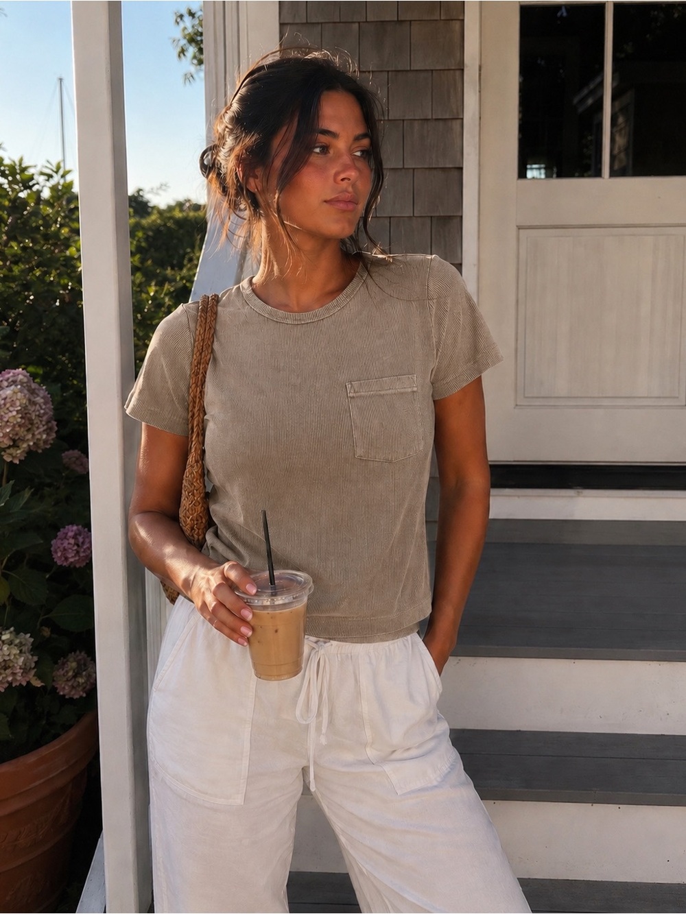 Madewell Cotton Blend Ribbed Short-Sleeve Baby Tee w/Pocket Taupe Minimalist L